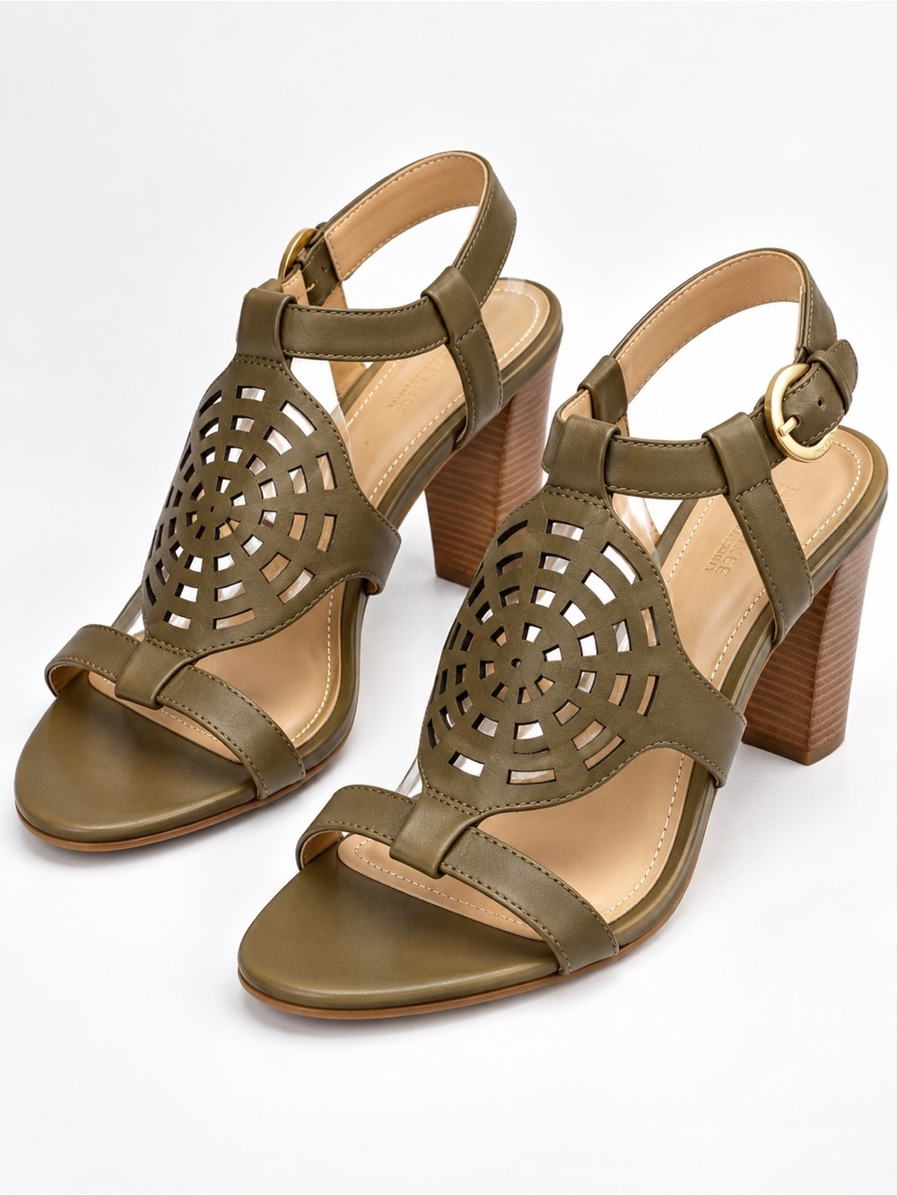Tahari Womens Ladies Leather Upper Open Kendra Toe Olive Green 10M 3.5" heels